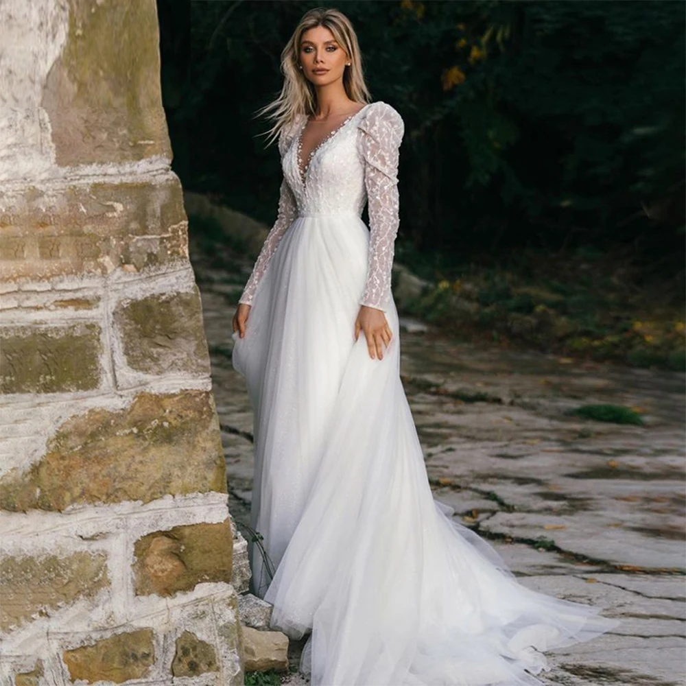 Top Trends: Ramanda Elegant Long Sleeves Vintage V Neck A-Line Wedding Dress For Bride 2023 Backless Tulle Bridal Gown Vestido De Novia Shoppable Styles