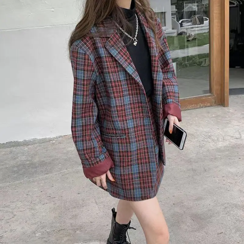 Top Trends: Fashion Tweed Plaid Blazer Suit Two Piece Set 2023 Women Double Breasted Casual Office Blazer High Waist Mini Skirt Suits Slim Shoppable Styles