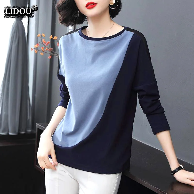 Top Trends: Office Lady Fashion Patchwork O-neck Skinny Long Sleeved T-shirts Spring Autumn Asymmetrical Top Popularity Women's Clothing Shoppable Styles