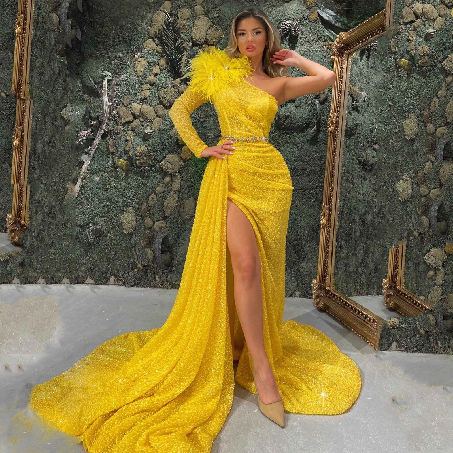 Top Trends: Yellow Charming Elegant Mermaid Evening Dresses One Shoulder Long Sleeve Feathers High Split Women Long Dress Prom Pageant Gowns Shoppable Styles