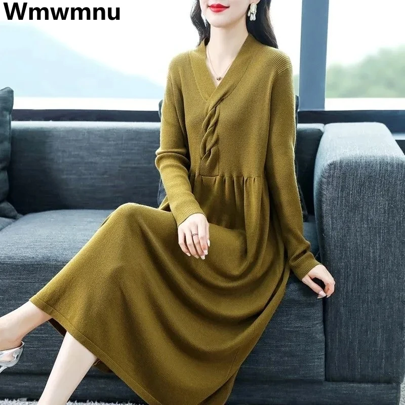 Top Trends: Thick V-neck Knitted Midi Dress Loose Casual Knitwear Bottoming Dresses Fall Winter Korean Vestido Women Elegant Sweater Robe Shoppable Styles