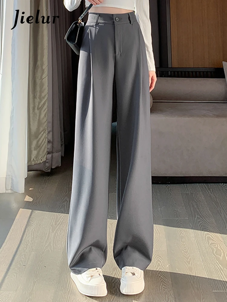 Top Trends: Jielur Grey Basic Chic High Waist Slim Female Wide Leg Pants Classic Straight Simple Casual Fashion Solid Color Women Suit Pants Shoppable Styles