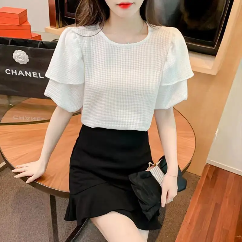 Top Trends: Stylish Solid Color Spliced Folds Puff Sleeve Blouse Women's Clothing 2023 Spring New Casual Pullovers Loose Office Lady Shirt Shoppable Styles - Image 2