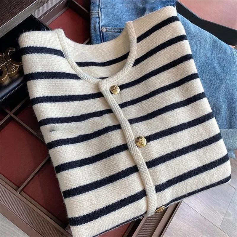 Top Trends: Women Stripe Sweaters Korean O-neck Knitted Cardigan Fashion Long Sleeve Casual Short Tops Spring Autumn Clothing Shoppable Styles