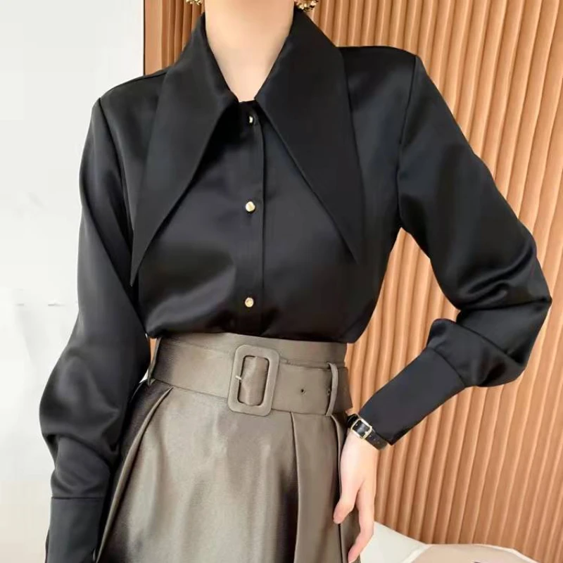 Top Trends: Satin Women's Shirts Summer 2023 New Solid Blouses Silk Long Sleeve Loose Top Turn-down Collar Office Lady Clothing YCMYUNYAN Shoppable Styles