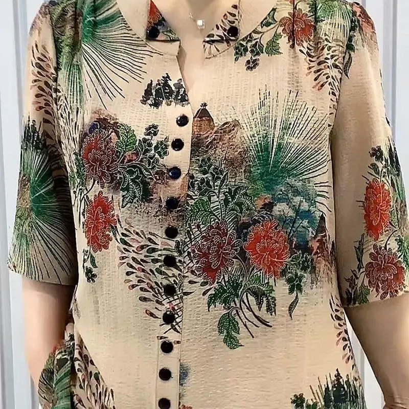 Top Trends: 2024 Summer New Vintage Broken Flowers Blouse Commute Single-breasted Female Clothing Folk Casual Round Neck Half Sleeve Shirt Shoppable Styles