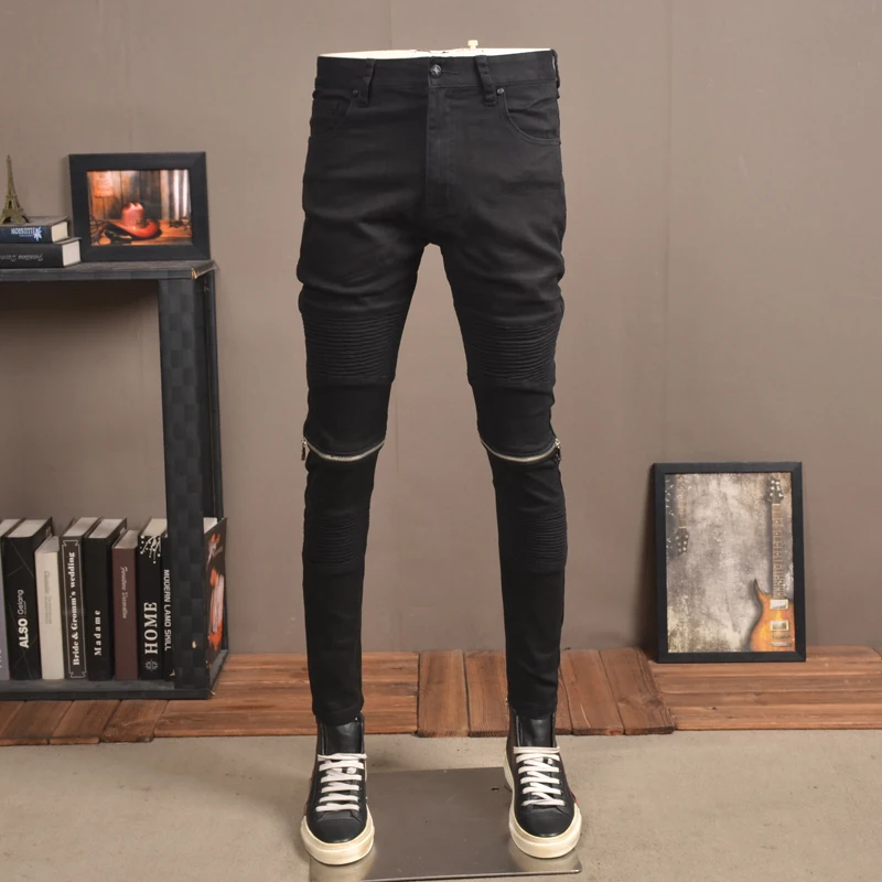 Top Trends: Street Fashion Men Jeans Black Elastic Slim Fit Spliced Biker Jeans Men Zipper Designer Hip Hop Stretch Denim Punk Pencil Pants Shoppable Styles