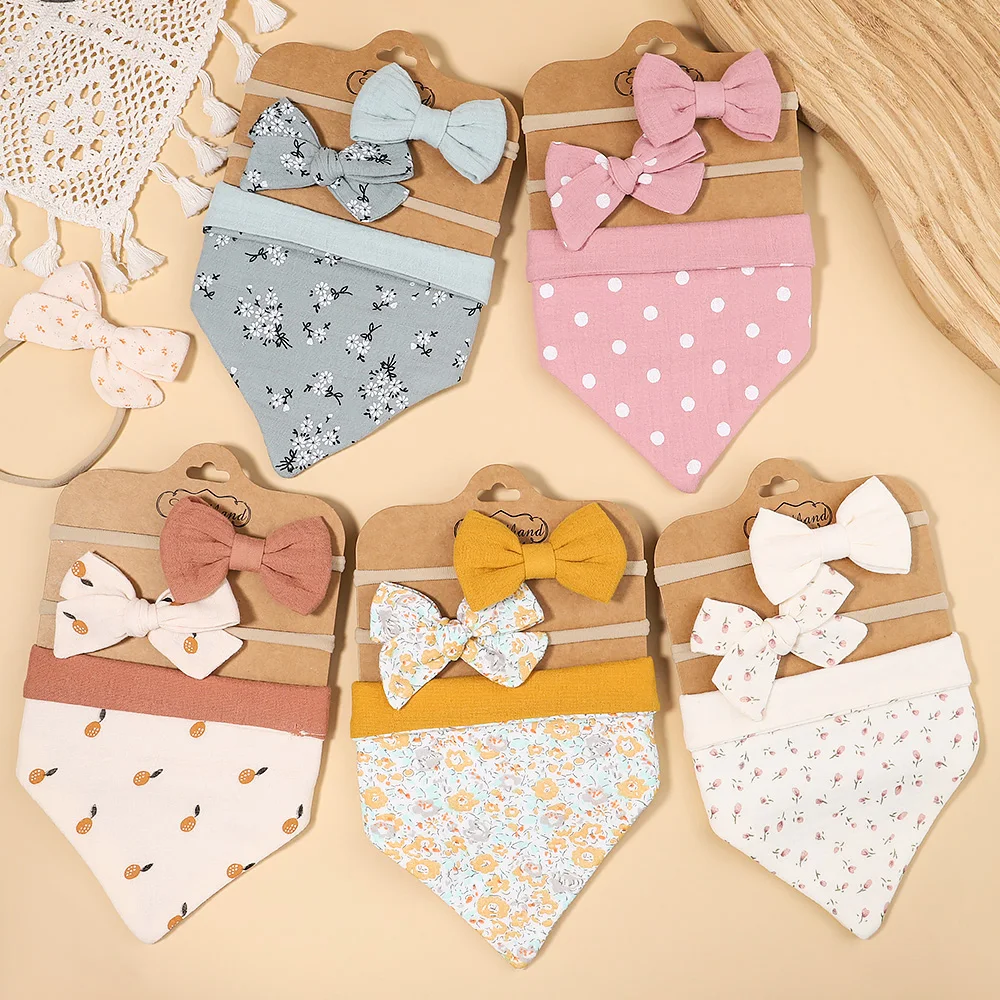 Top Trends: 3Pcs / Set Muslin Cotton Baby Bib Newborn Bows Headband Triangle Print Saliva Towel Infant Boy Girl Feeding Burp Cloth Shower Gift Shoppable Styles