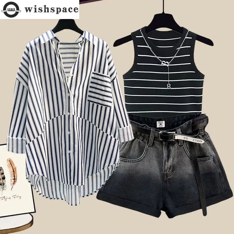 Top Trends: Spring / Summer Women&#039;s Set New Korean Striped Sunscreen Shirt Fashion Casual Tank Top Denim Shorts Three Piece Set Shoppable Styles