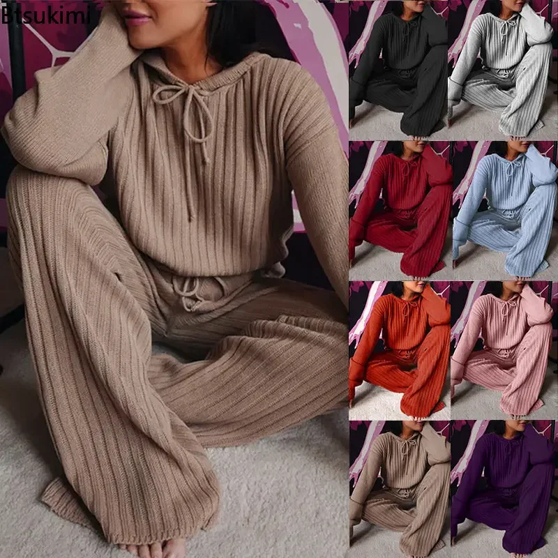 Top Trends: New Women&#039;s Knitted Two Piece Sweatershirt Set Hooded Tops + Wide Leg Pants Casual 2 Piece Set Tracksuit Lounge Wear Female Solid Shoppable Styles