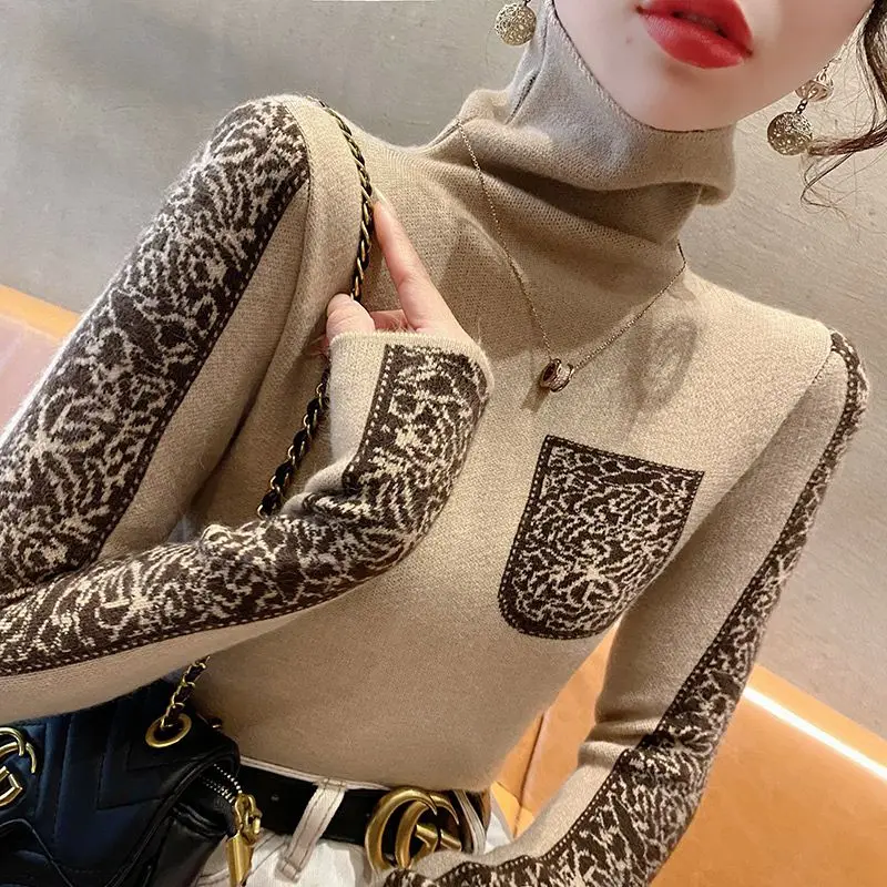 Top Trends: Women&#039;s High Neck Sweater 2023 Autumn And Winter Long Sleeve Underlay New Printed Long Sleeve Color Locked Pullover Knitted Tops Shoppable Styles