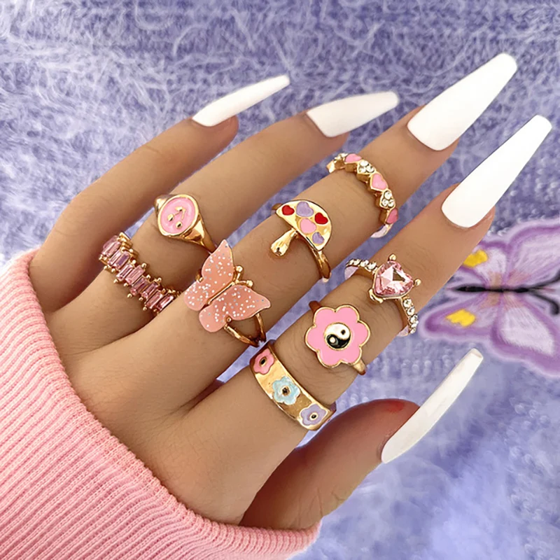 Top Trends: Pink Acrylic Butterfly Knuckle Ring Set For Women Crystal Enamel Mushroom Yin Yang Flower Rings Girls Fashion Jewelry Shoppable Styles