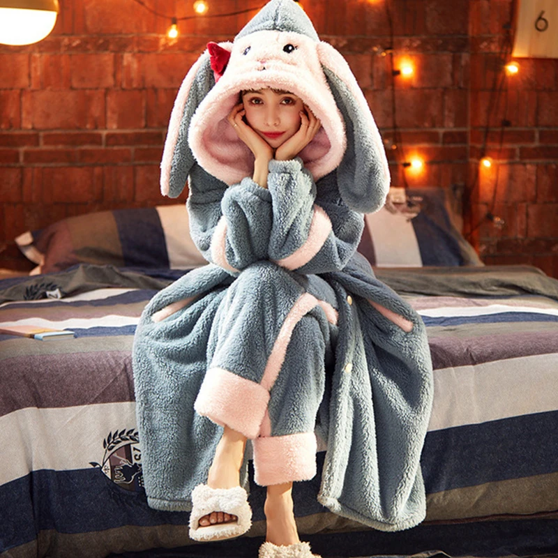 Top Trends: Sweet Women Bathrobe Autumn Winter Thick Hooded Flannel Ladies Robe Fleece Girls Cute Long Dressing Gown For Female Homewear Shoppable Styles - Image 5