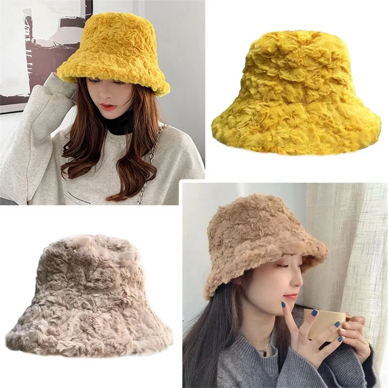 Top Trends: Fashion Winter Thick Villus Bucket Hat Women Plush Faux Fur Fisherman Hat Girls Soft Warm Thick Basin Hats Protection Street Cap Shoppable Styles