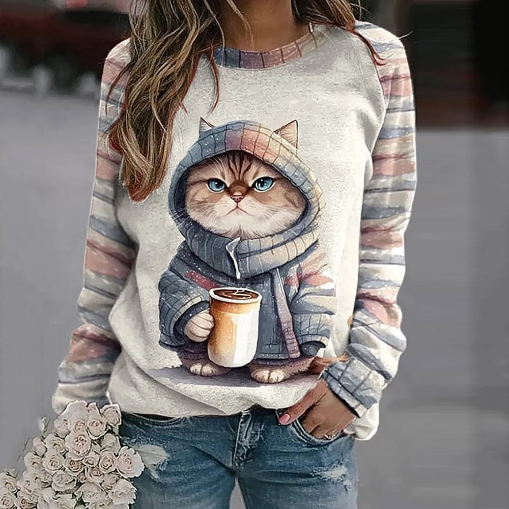 Top Trends: Cotton Long Sleeve T-Shirts For Women Funny Kawaii Cat Animals Print Sweatshirts Female Cute O-Neck Pullover Woman Sweatshirt Shoppable Styles