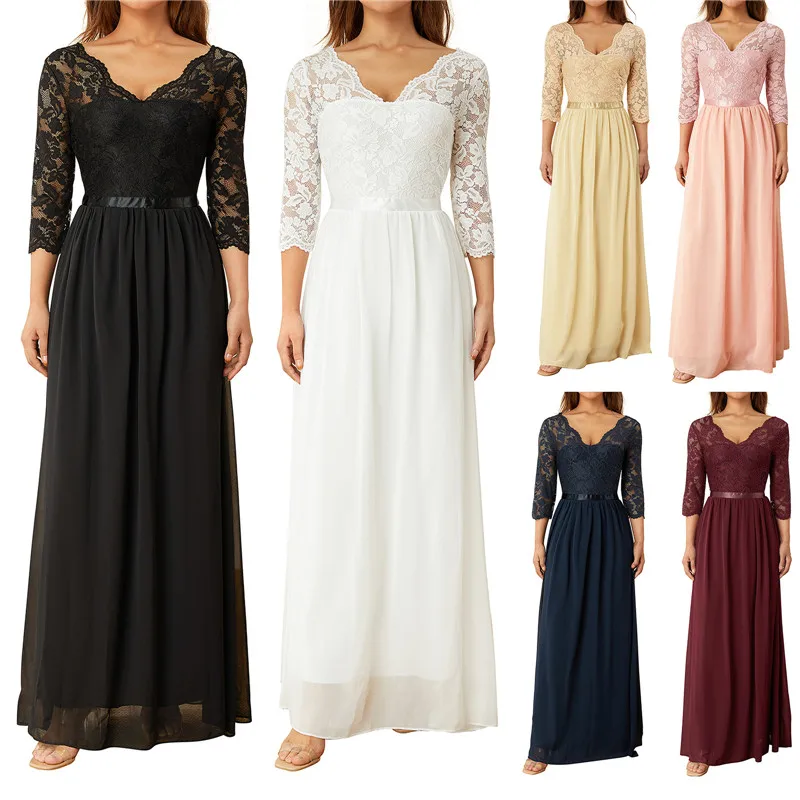 Top Trends: Women Elegant Maxi Long Evening Dress Solid Color Lace Patchwork Backless V Neck High Waist Dress Wedding Party Bridesmaid Shoppable Styles - Image 6