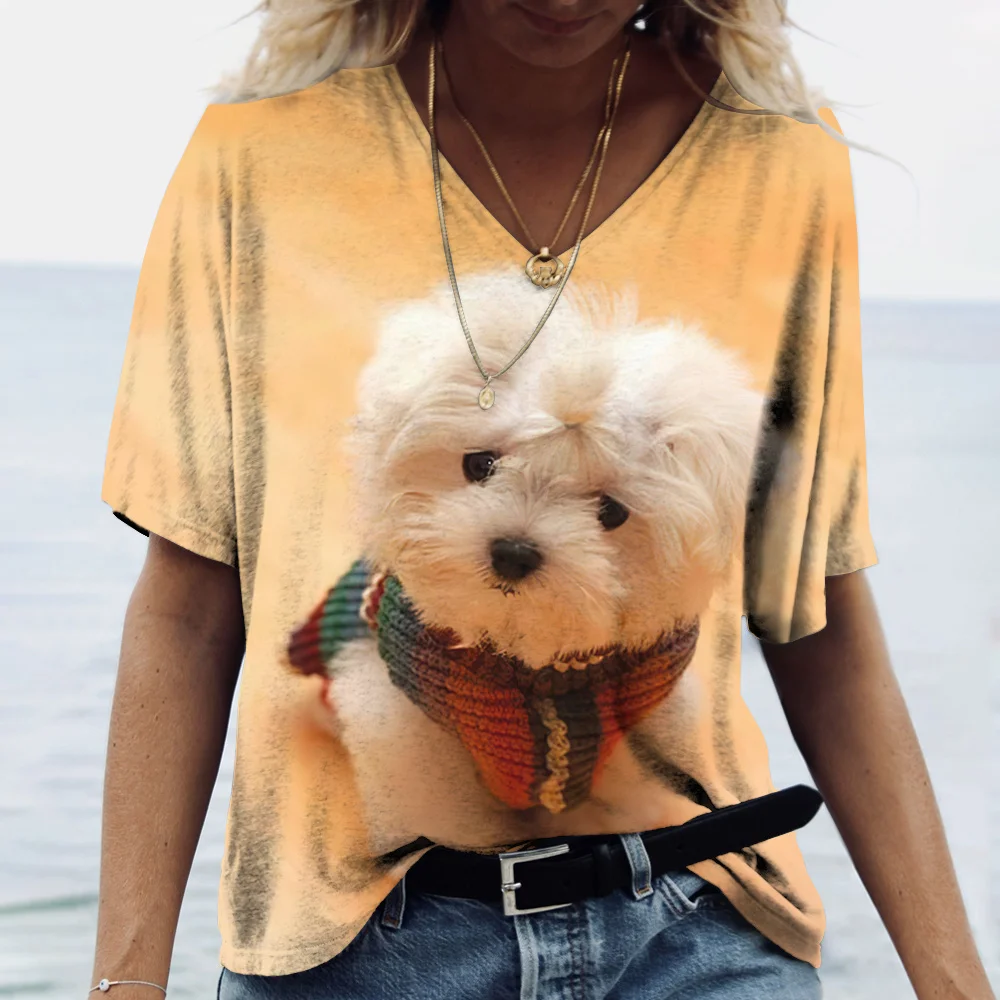 Top Trends: Women's V-neck Top Short Sleeve T-shirts Summer New 3D Cute Dog Print Casual Lovely Harajuku Versatile Y2K Clothes European Size Shoppable Styles