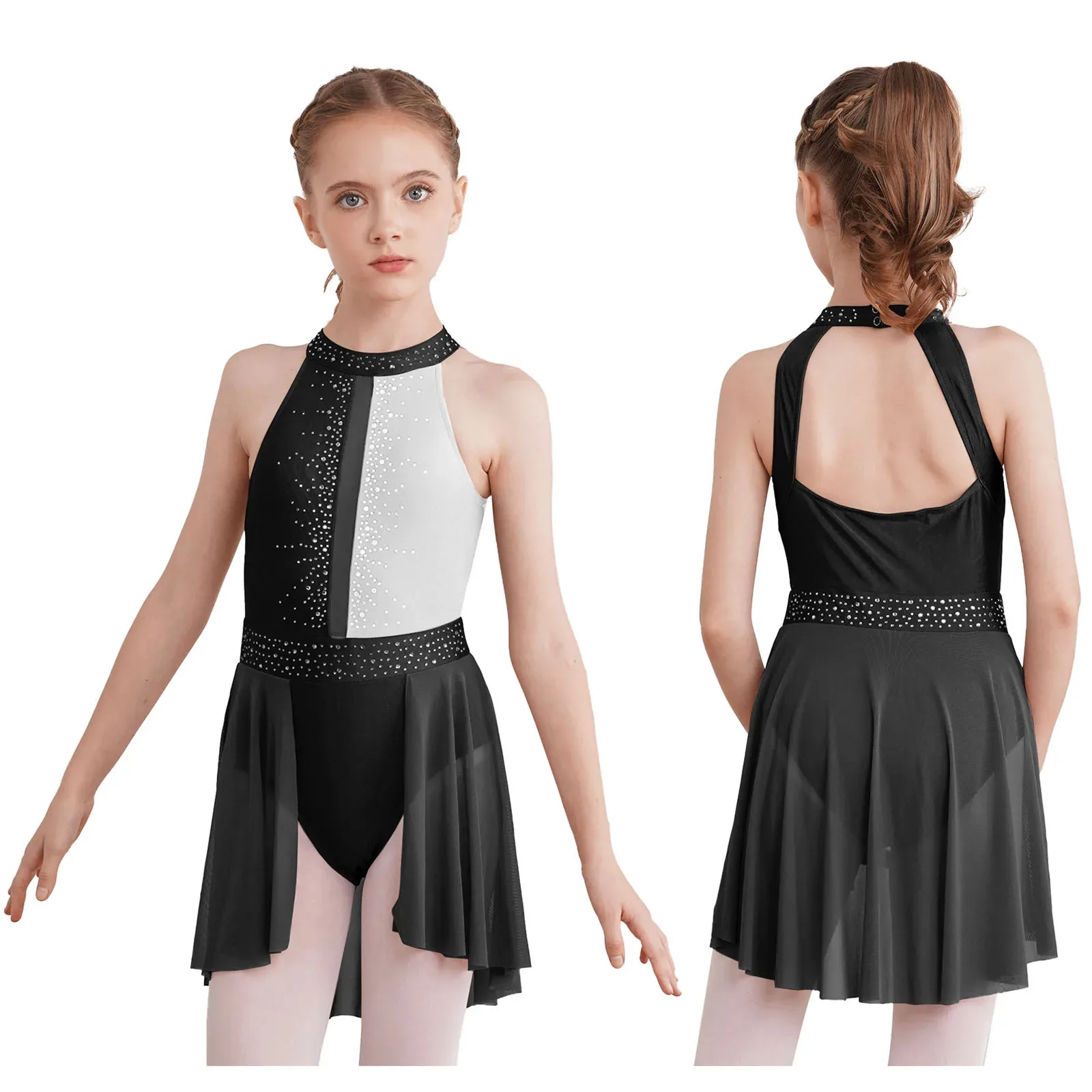 Top Trends: Kids Girls Figure Skating Gymnastics Leotard Dress Halter Sleeveless Hollow Out Back Ballet Tutu Rhinestone Lyrical Dance Dress Shoppable Styles