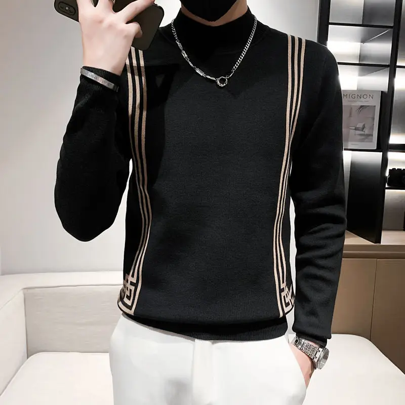 Top Trends: Fashion Half High Collar Knitted Spliced Loose Korean Sweater Men Clothing 2022 Autumn New Casual Pullovers All-match Warm Tops Shoppable Styles