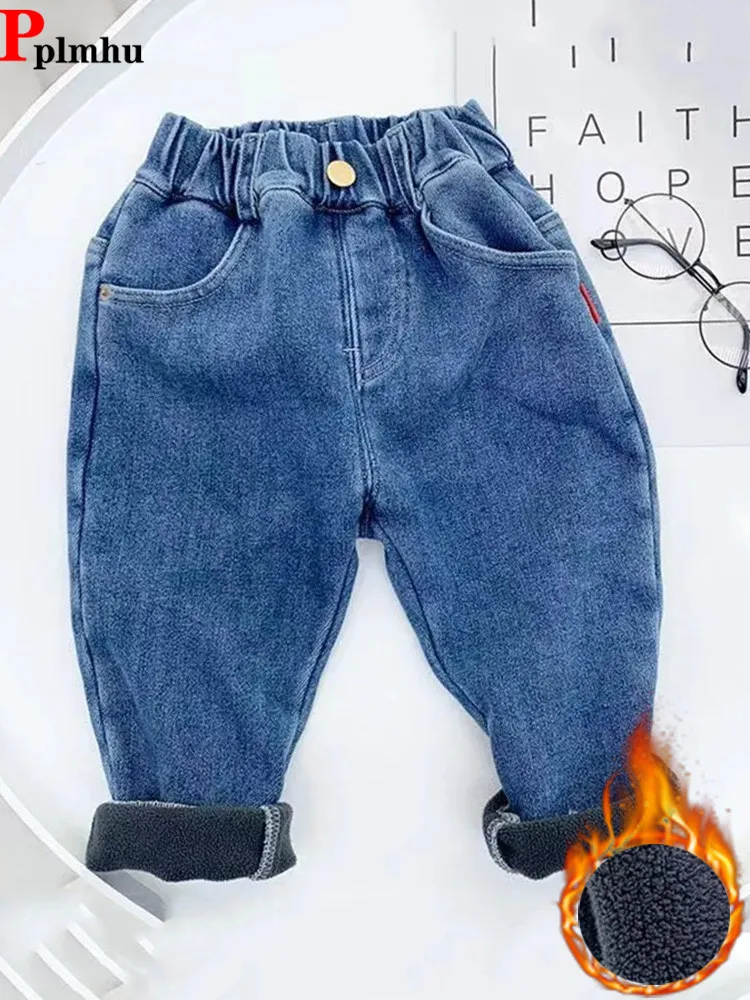 Top Trends: Plush Lined Boys Harem Jeans Winter Thicken Kids Vaqueros Plus Velvet Warm Denim Pants Baggy Elastic High Waist Jean Pantalones Shoppable Styles