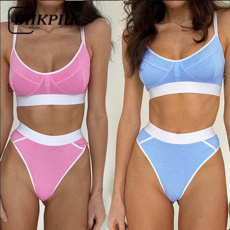 Top Trends: BIIKPIIK Sweet Patchwork Casual Two Piece Sets Cleavage Stunning Bra + High Waist Shorts Bikini Sets Sporty Streetwear Clothing Shoppable Styles