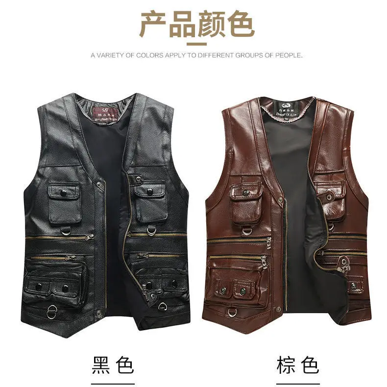 Top Trends: Men's Genuine Leather Vest Keep Warm In Autumn And Winter Top Layer Cowhide Spring And Autumn Multiple Pockets Photography Shoppable Styles - Image 5