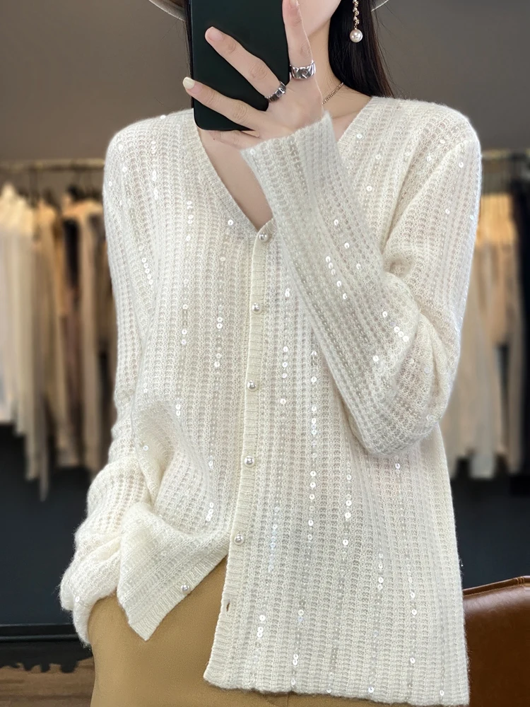 Top Trends: New Spring And Autumn Pure Wool Cardigan Women&#039;s V-Neck Sequin All-Match Sweater Coat Loose Pearl Buckle Knitted Top Shoppable Styles