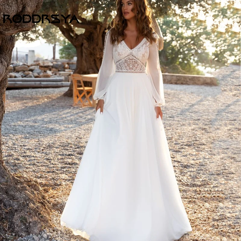 Top Trends: RODDRSYA Boho Long Sleeve Wedding Dress Elegant V-Neck Applique Lace Bridal Gown Charming Backless Simple Chiffon Robe De Mariée Shoppable Styles