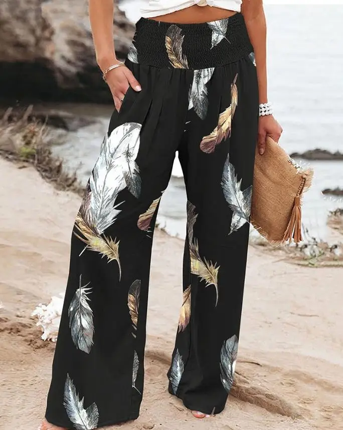 Top Trends: Casual Chic Feather Print High Waist Wide Leg Pants Pocket Shirred Design Daily Vacation Fashion Women's Pants Shoppable Styles