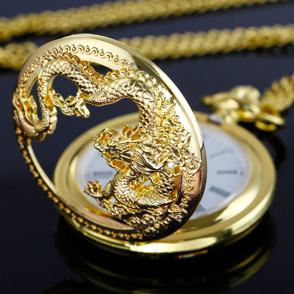 Top Trends: NEW Luxury Gold Chinese Flying Dragon Hollow Quartz Pocket Watch Men's Necklace Pendant Clock Women's Jewelry Accessories Gift Shoppable Styles - Image 4