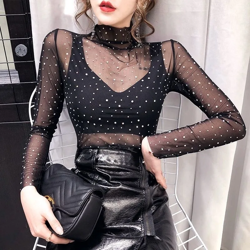 Top Trends: Sexy Women Ladies See Through Blouse Long Sleeve Crystal Rhinestone Sequins Glitter Lace Mesh Turtleneck Shirt Blouse Tee Shoppable Styles