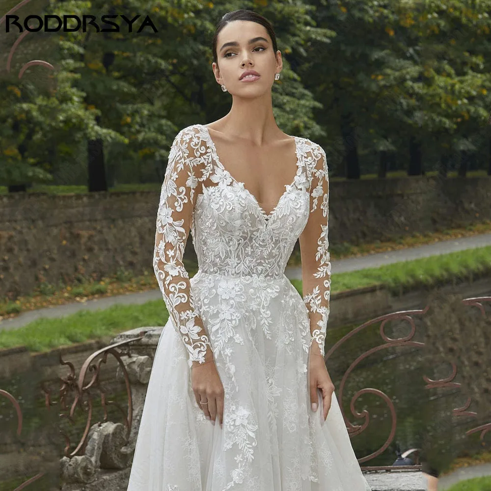 Top Trends: RODDRSYA Exquisite Long Sleeve V-Neck Lace Wedding Dress Tulle A-Line Illusion Button Back Lace Applique Lace Vestido De Novia Shoppable Styles - Image 2