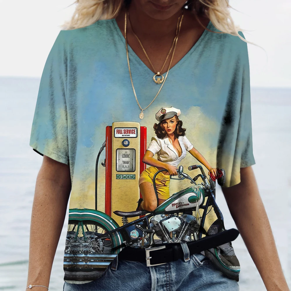 Top Trends: US Route 66 Print Women's T-shirt Tops V-neck Oversized Short Sleeve Pullover Female Vintage Wind Tees 2023 New Harajuku Clothes Shoppable Styles