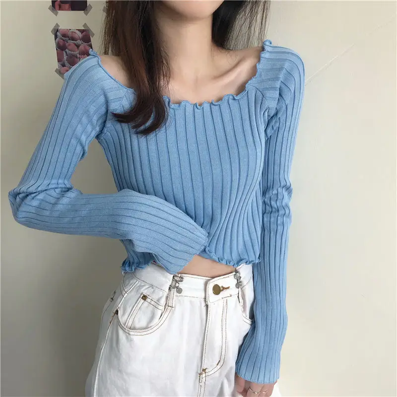 Top Trends: Fashion Solid Color Exposed Umbilicus Knitting Top Women New Long Sleeve Square Collar Flower Edge Temperament Pullover Sweaters Shoppable Styles