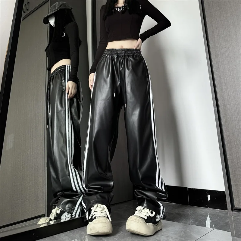 Top Trends: Straight Leg Pu Leather Pants Women Autumn And Winter New Striped High Waist Drawstring Wide-leg High Street Thin Pants Female Shoppable Styles