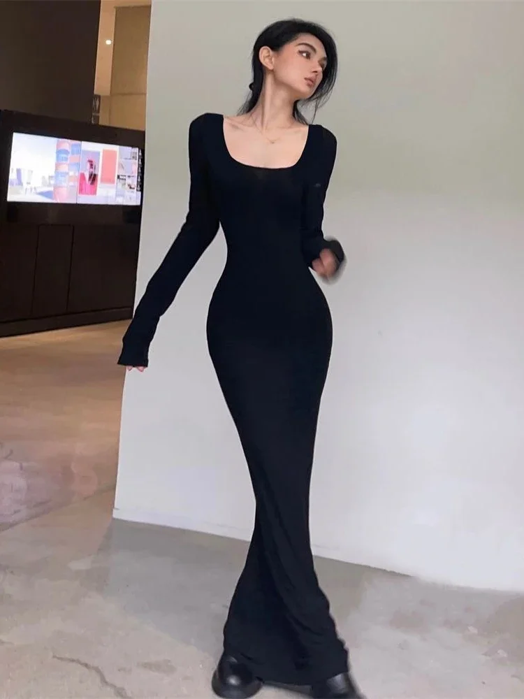 Top Trends: QWEEK Y2K Sexy Black Dress Women Vintage Wrap Slim Bodycon Long Dresses Party Evening Square Collar 2024 Fashion Spring Outfits Shoppable Styles