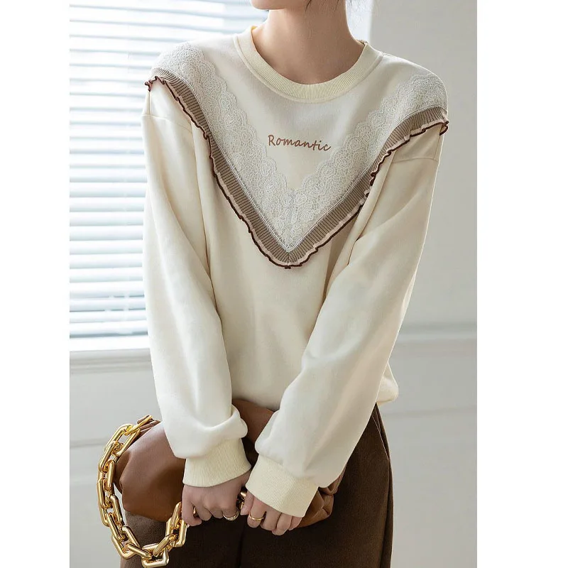 Top Trends: Elegant Fashion Lace Spliced Women's Pullovers Tops Korean Thin Solid Color Round Neck Sweatshirts Autumn Winter Female Clothing Shoppable Styles