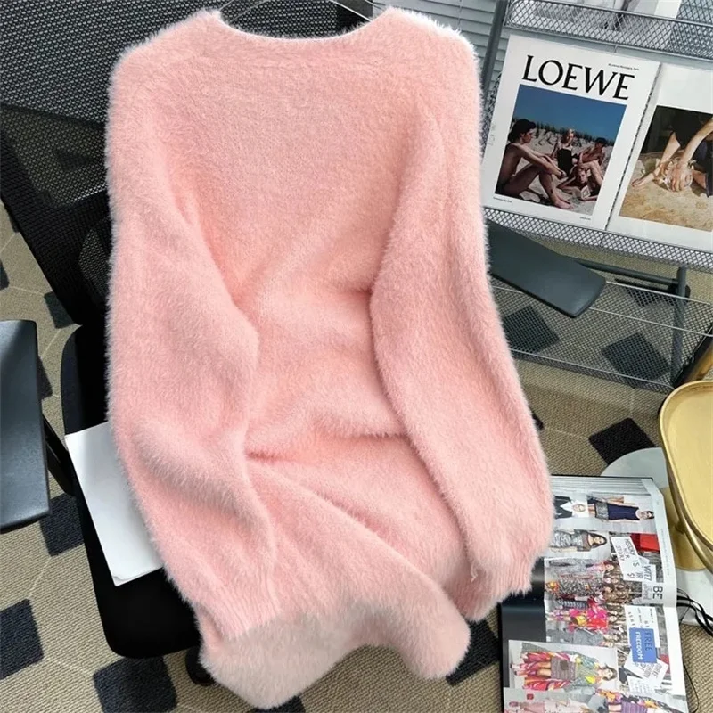 Top Trends: Korean Fashion Loose Imitation Mink Velvet Sweater Women Casual Solid Color Cardigan Warm For Female Outerwear Elegant Streetwea Shoppable Styles - Image 2