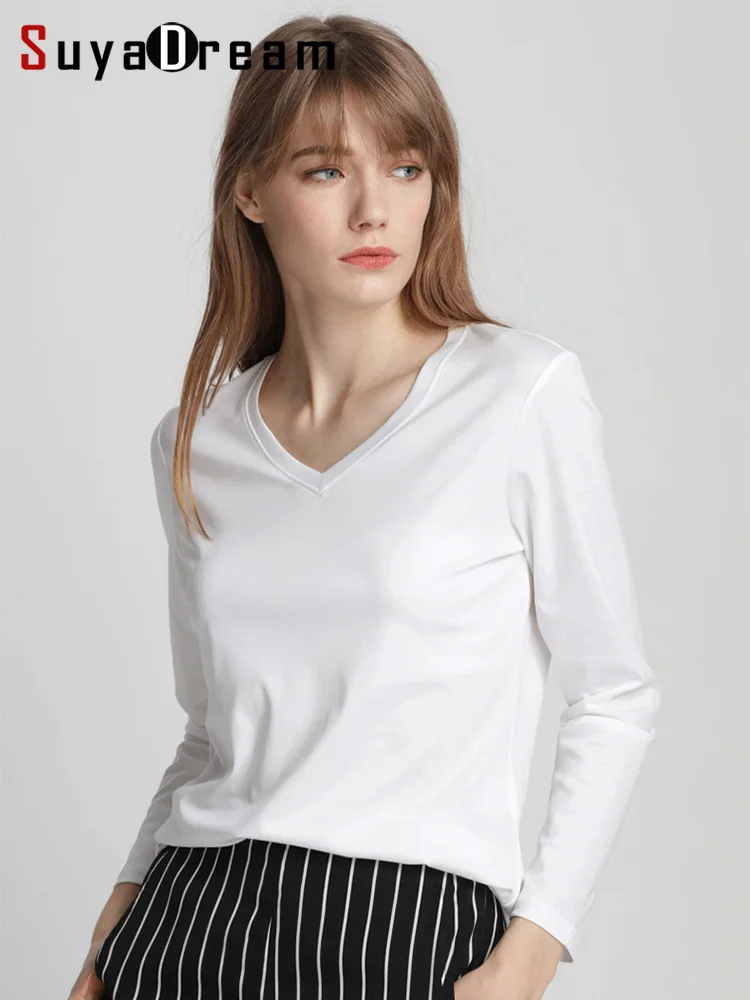 Top Trends: SuyaDream Women Solid T Shirts Silk Cotton Blend Plain O Neck Long Sleeved Tee 2022 Spring Autumn Basic Top White Black Shoppable Styles