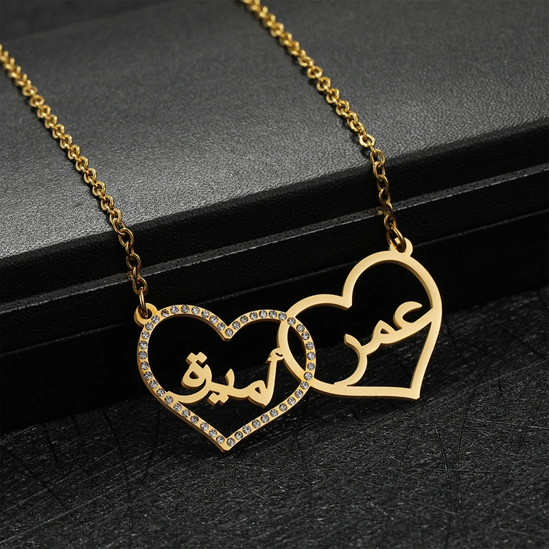 Top Trends: Islam Jewelry Personalized Pendant Necklaces Stainless Steel Gold Plated 2 Hearts Couple Necklace With Zircon Arabic Name Gift Shoppable Styles - Image 3