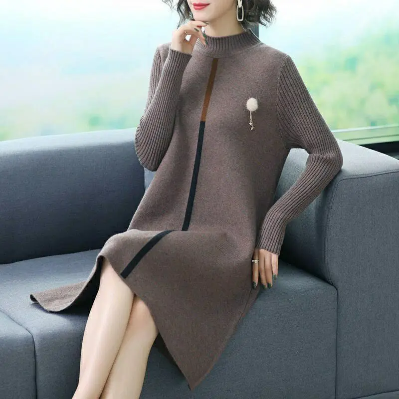 Top Trends: Women Autumn Winter Oversize Dress Knitting Sweater 2023 New Fashion Half High Collar Solid Patchwork Slim Office Lady Dress Shoppable Styles