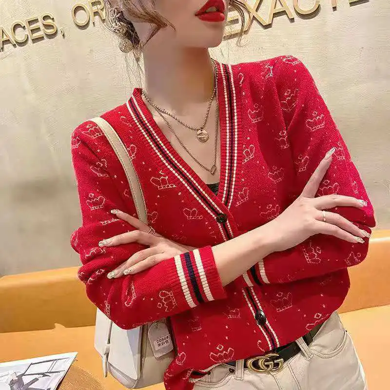 Top Trends: Korean Vintage Spring Autumn Knit Sweaters Coat Button Cardigans Loose Fashion Women Jacquard Striped Long Sleeve Casual Jumpers Shoppable Styles - Image 5