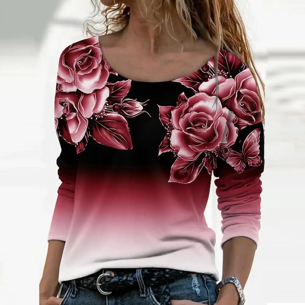 Top Trends: Women Spring Blouses Rose Flower Oversized T-shirt Top Colorfast Gradient Color Crew Neck Floral Print Blouses футболка женский Shoppable Styles