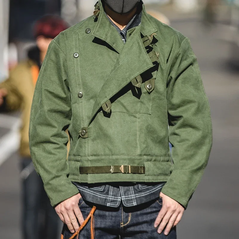 Top Trends: Maden Army Green Retro Bomber Jackets Misplaced Oblique Buckle Swedish Motorcycle Men's AMEKAJI Cotton Autumn Winter Coat Shoppable Styles