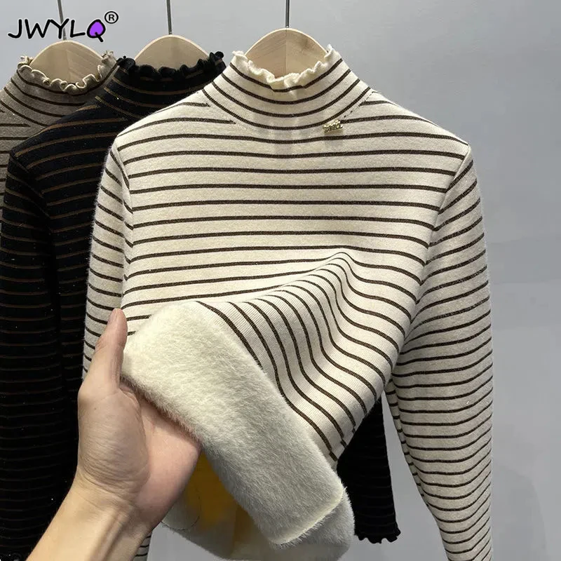 Top Trends: Winter Thicken Striped Plus Velvet Turtleneck Sweater Women&#039;s Slim Warm Soft Knit Pullover Fleece Lined Bottoming Jumper Tops Shoppable Styles