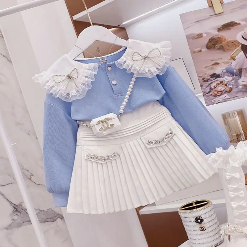 Top Trends: Fashion Baby Girl Princess Set Bow Lace Sweatshirt+ Sequins Skirt 2Pcs Child Clothing Suit Kids Party Birthday Baby Clothes 2-14Y Shoppable Styles