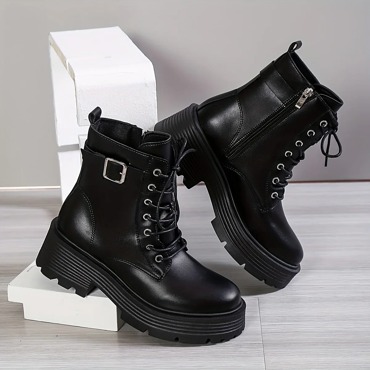 Top Trends: Women&#039;s Platform Boots 2023 Round Toe Lace Up Chunky Heeled Women Shoes Leather Winter Side Zipper Ankle Boots Platform Shoes Shoppable Styles