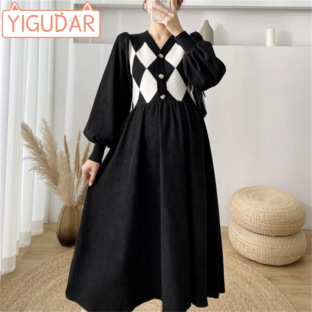 Top Trends: Pregnant Women Clothing Autumn Winter Long Knit Dresses 2023 New Button V-Neck Patchwork Pattern Female Maternity Dress Sweater Shoppable Styles