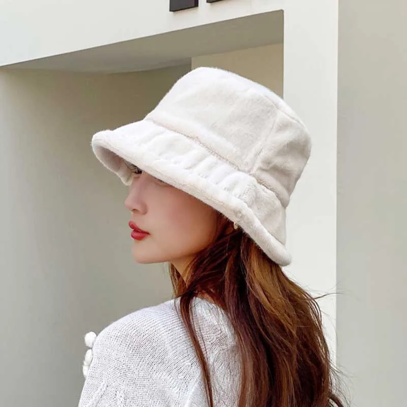 Top Trends: Korean Lamb Faux Fur Bucket Hat Lady Winter Warm Soft Panama Hat Outdoor Fisherman Cap For Women Solid Color Beanie Bonnet 2022 Shoppable Styles - Image 2