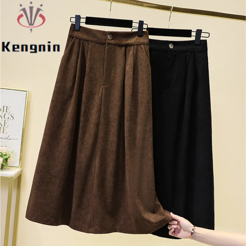 Top Trends: Corduroy Midi Skirts Loose Oversized Women Skirts 2023 Autumn Winter Thick Lady Skirt A-Line Elastic Waist Female Skirt KE1739 Shoppable Styles